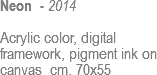 Neon - 2014 Acrylic color, digital framework, pigment ink on canvas cm. 70x55